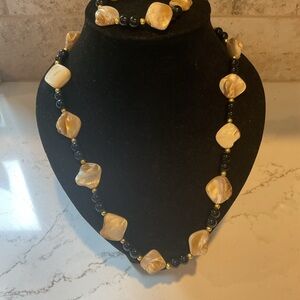 Vintage Black Onyx and Gold Beaded With Abalone Shell Necklace w/ bracelet